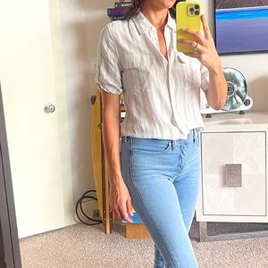 Equipment Blouse- 100% Silk, White/Blue Dotted Stripe